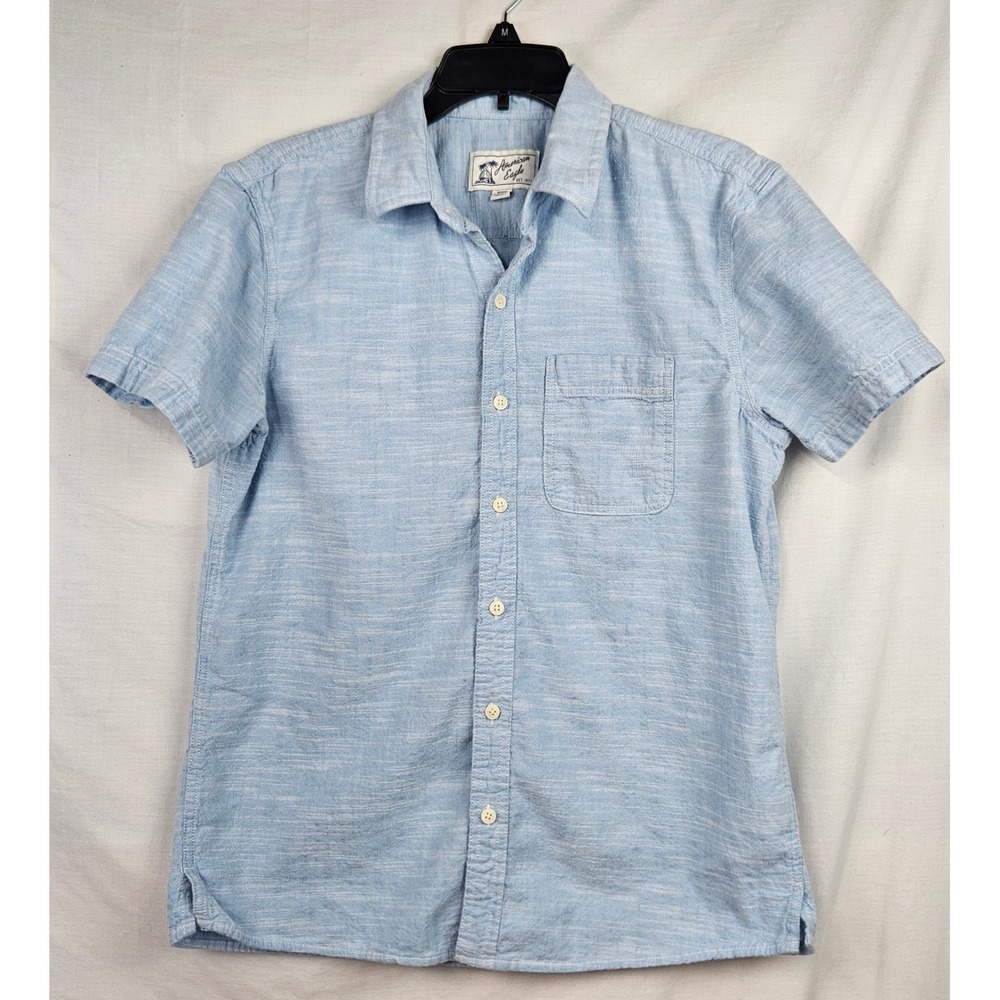 American Eagle Mens Short Sleeve Button Down Shirt Light Blue Cotton Med Resort